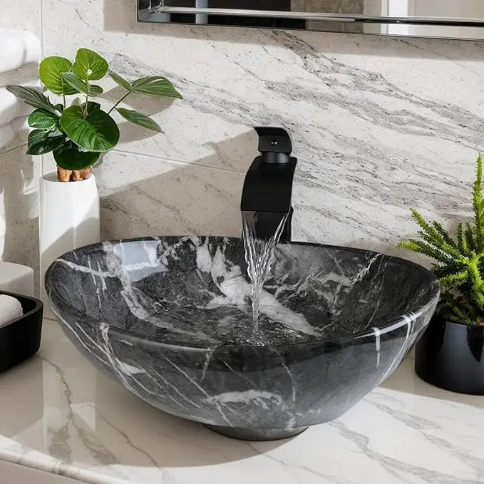 MEKKHALA Oval Vessel Sink With Faucet Ceramic Bathroom
