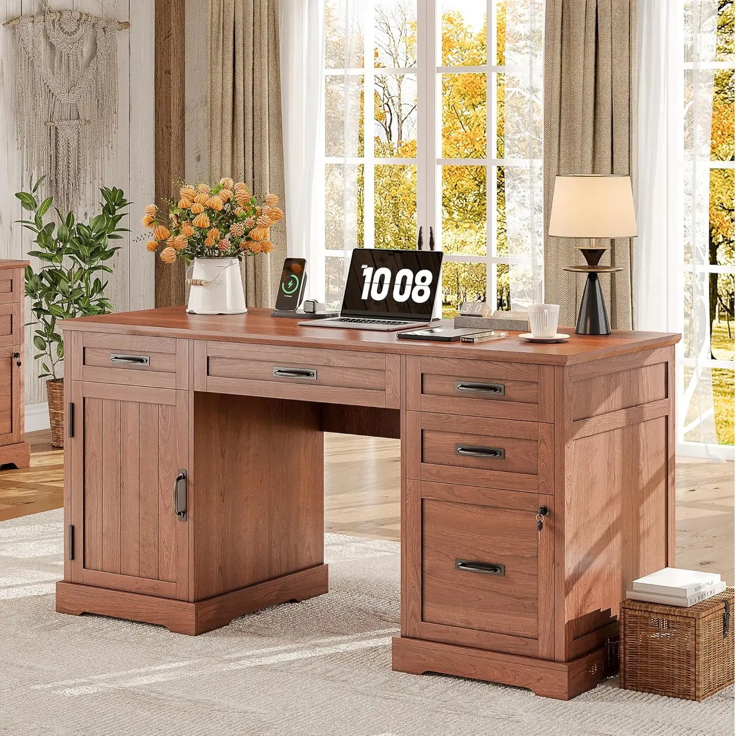 XIAOLANG Farmhouse Executive Desk With File Cabinet And USB Charging