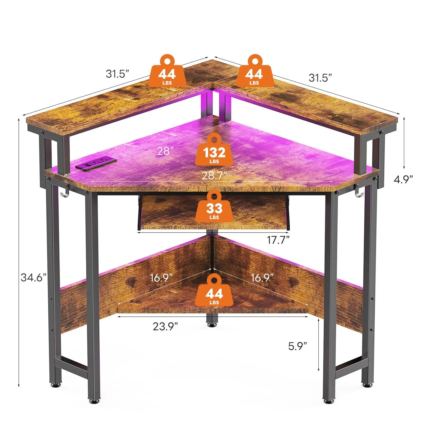 JHK L Shaped Corner Desk LED Lights And Storage Shelves