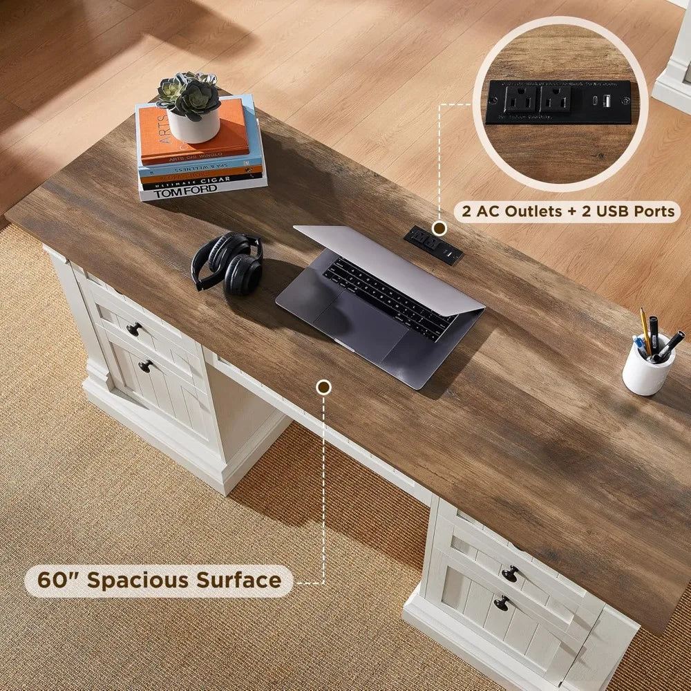 Executive Farmhouse Desk With Charging Station And Keyboard Tray