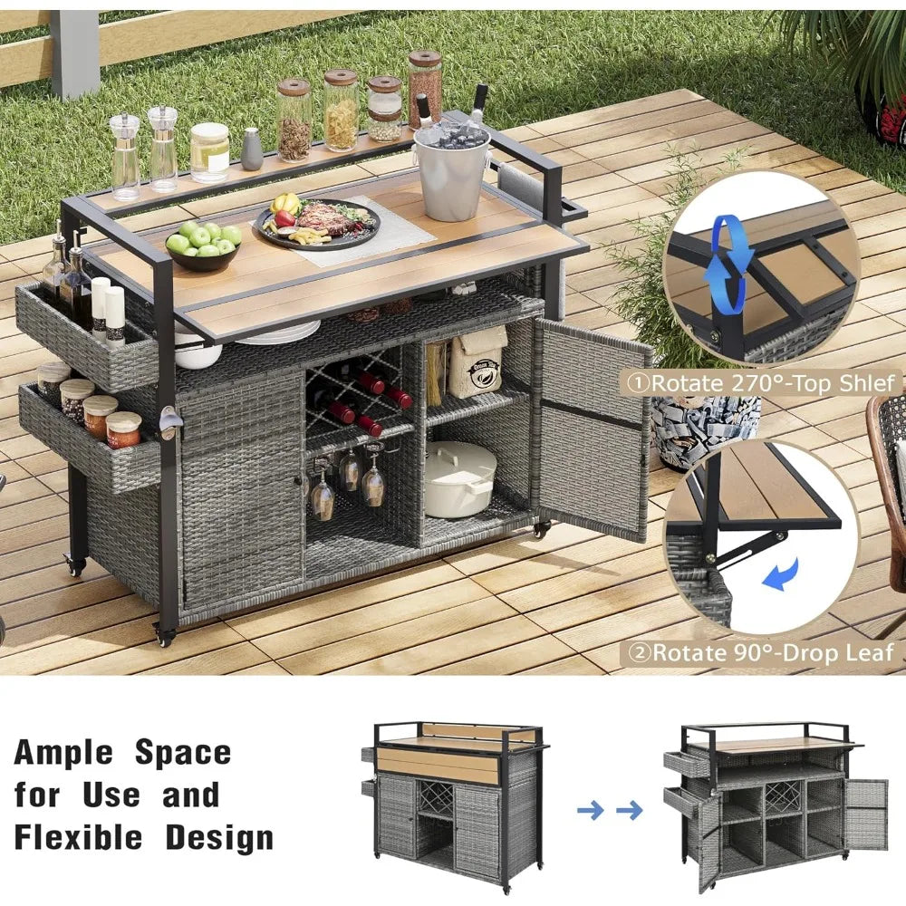 DAFIFY Wicker Outdoor Grill Cart With Extended Plastic Wood Tabletop And Rolling Kitchen Island