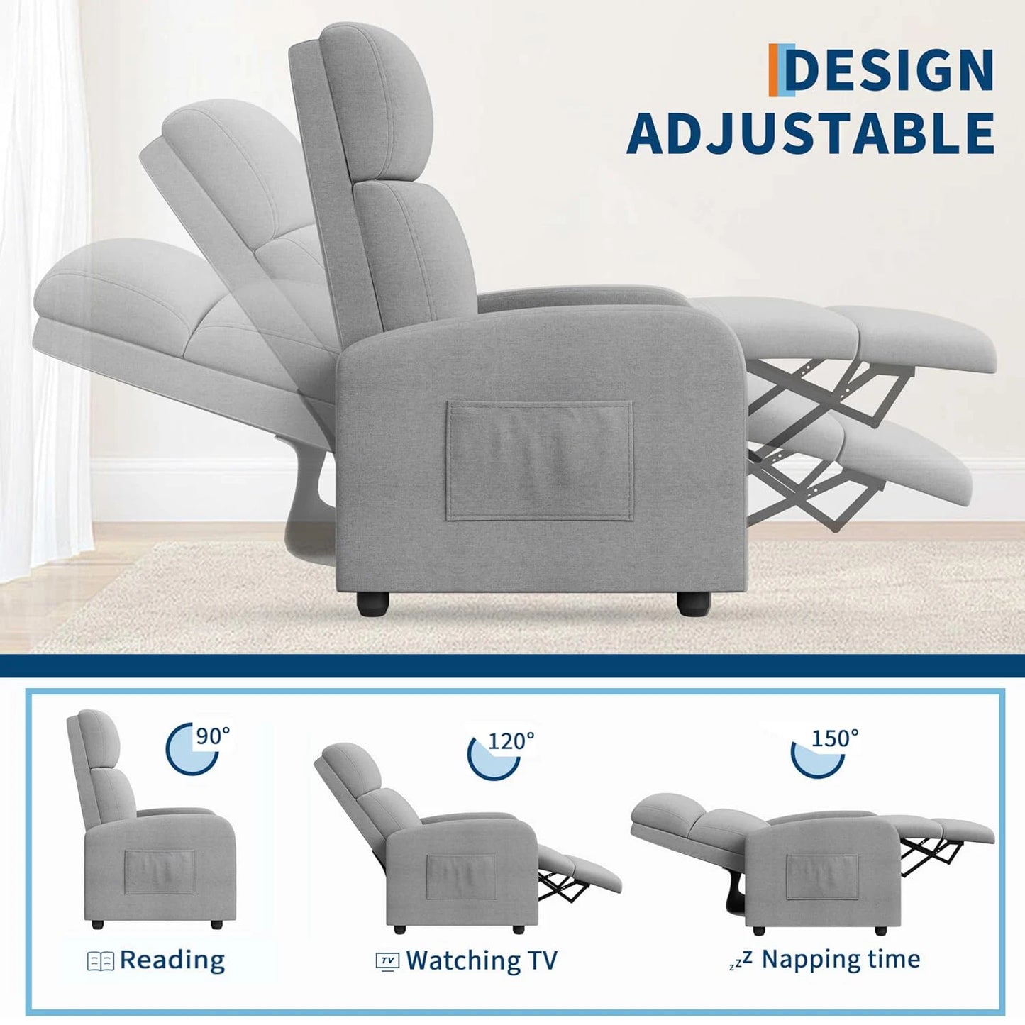 HiMISSCN Push Back Recliner Chair for Adults With Side Pocket