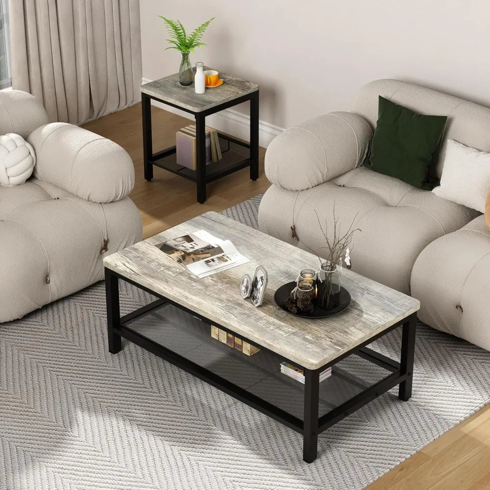 Industrial Coffee Table Set Of 3 With Metal Frame And End Side Tables