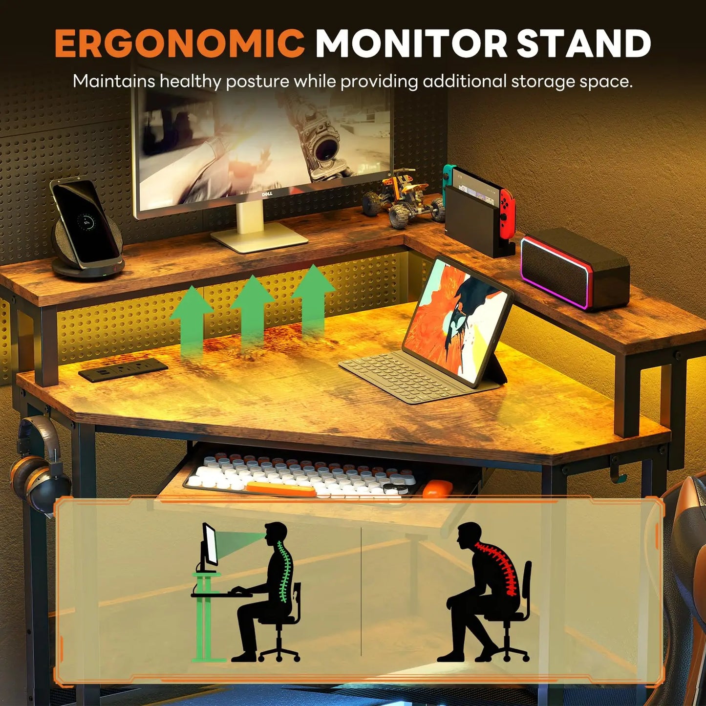 JHK L Shaped Corner Desk LED Lights And Storage Shelves