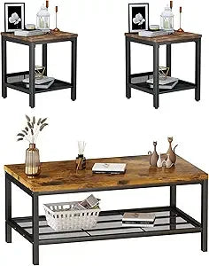 Industrial Coffee Table Set Of 3 With Metal Frame And End Side Tables