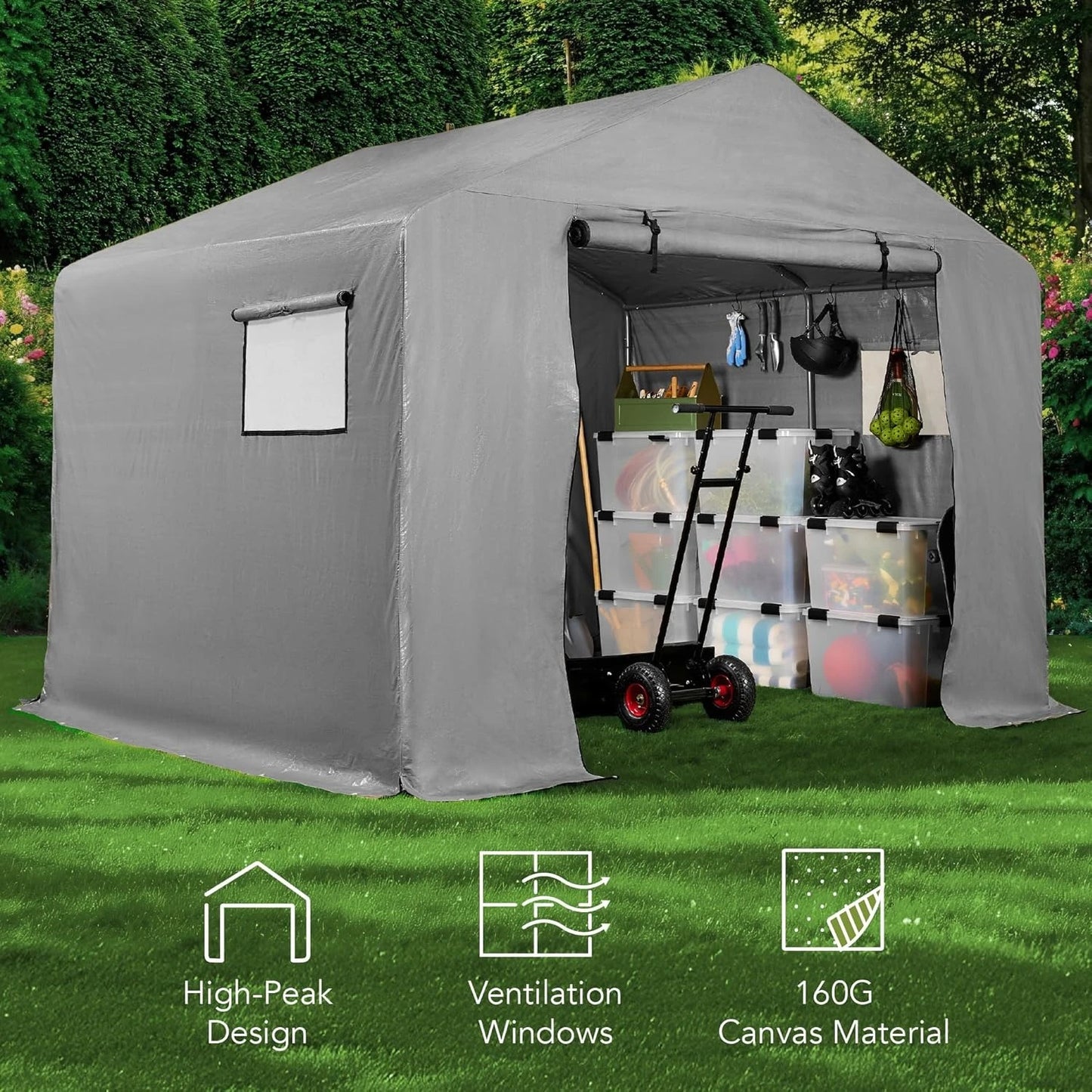 Outdoor Storage Shed Carport Canopy Shelter With Dual Doors Windows