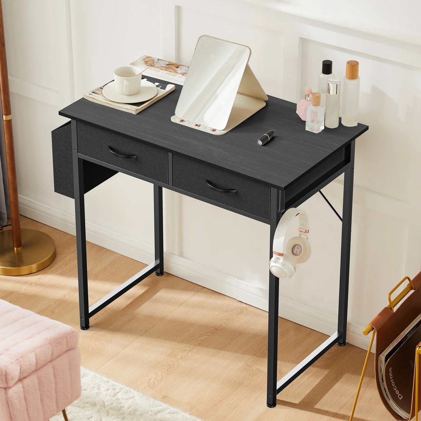 JHK Office Desk With Fabric Storage Drawers And Metal Frame
