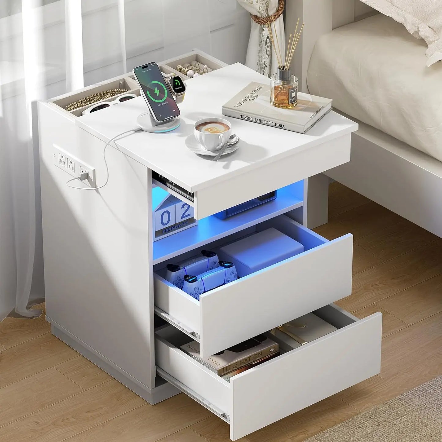 Chengwei Modern Nightstand With LED USB Charging Station Locking Drawer