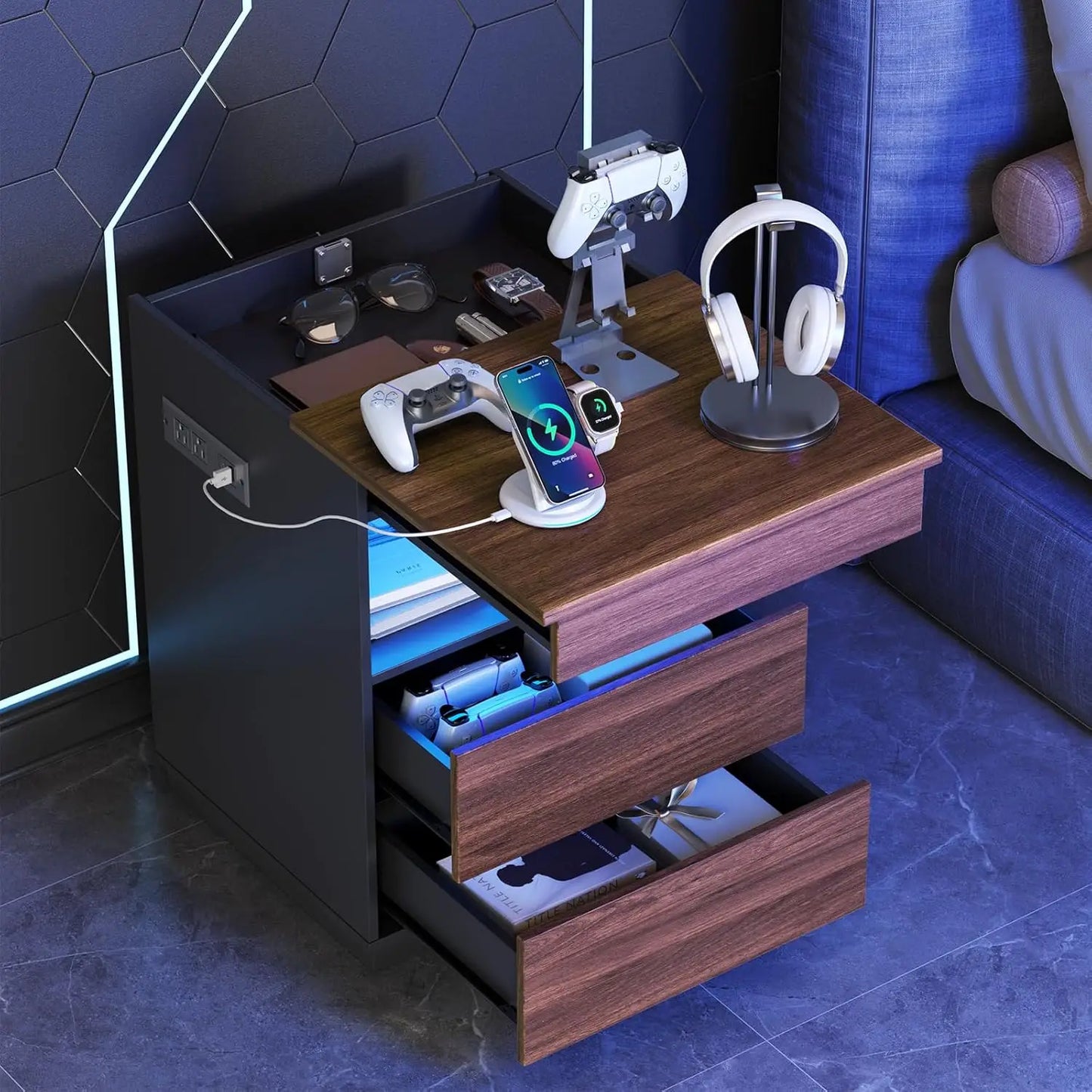 Two Nightstand Set With Hidden Compartments LED USB Type C