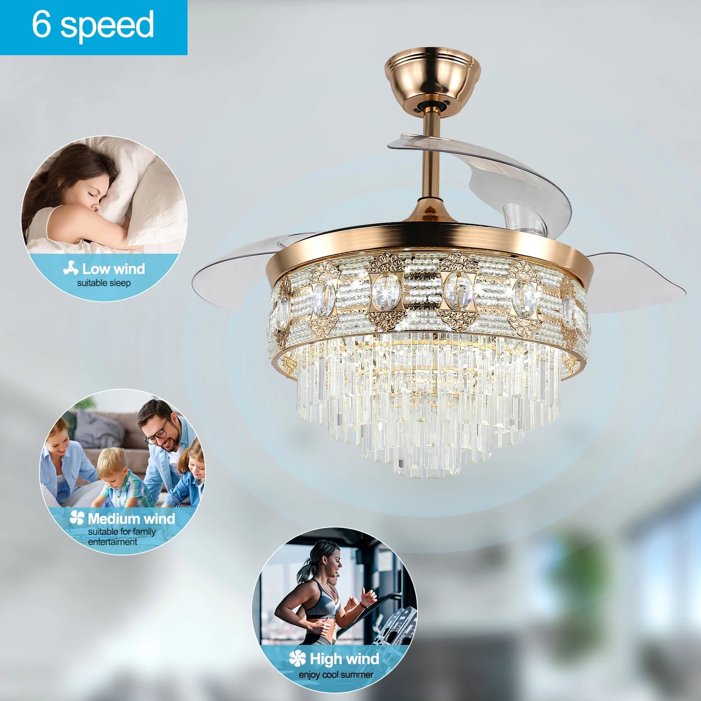 VETRULUS Modern Smart Ceiling Fan Chandelier Six Speed Remote