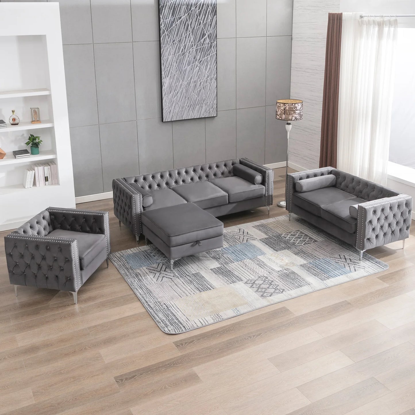 HORGAEO Convertible Sectional Sofa Set With Storage Ottoman