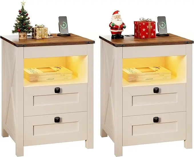 Farmhouse Nightstands Two Piece Set With Gun Drawer And LED Light