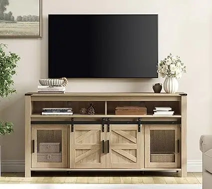 DAFIFY Farmhouse TV Stand With Sliding Barn Doors And Mesh