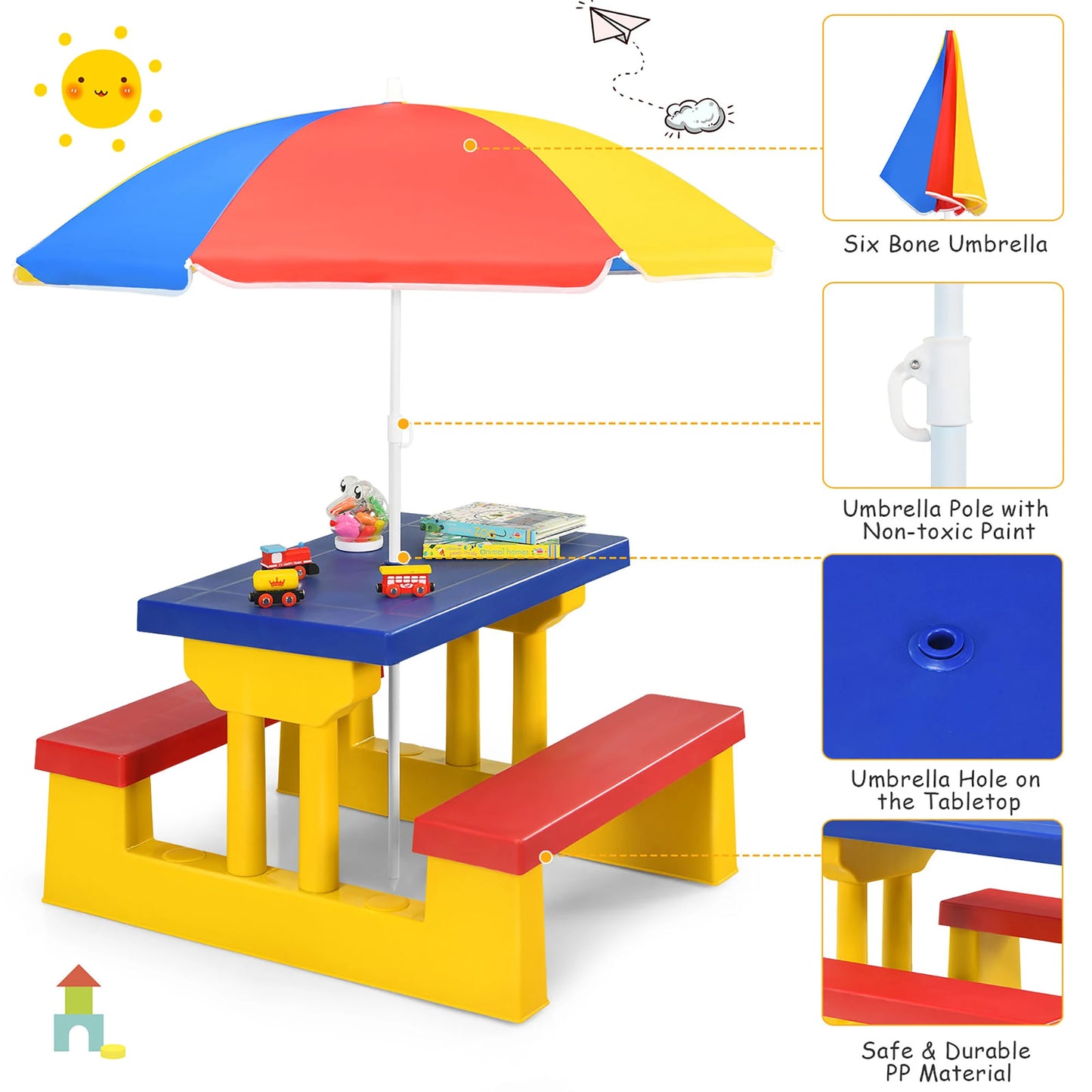 Homasis Kids Picnic Table Set With Removable Umbrella