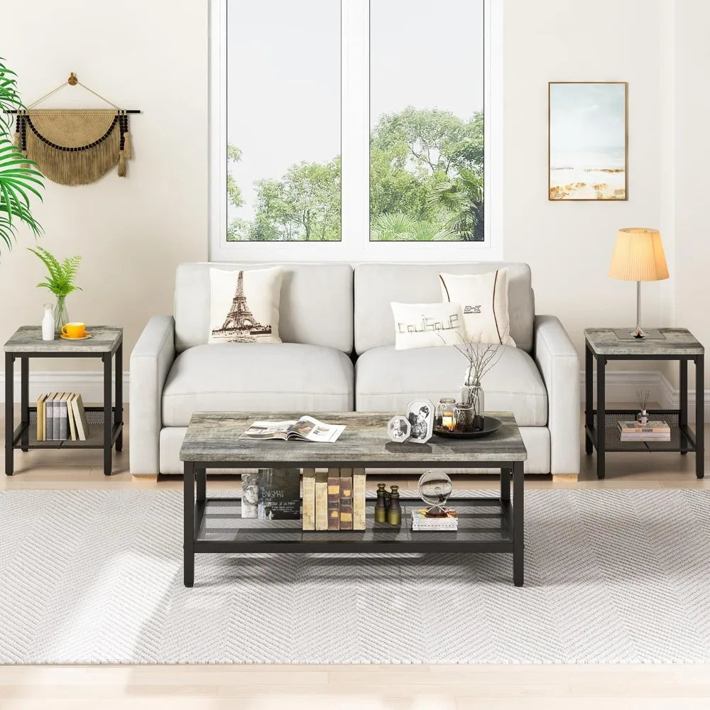 Industrial Coffee Table Set Of 3 With Metal Frame And End Side Tables
