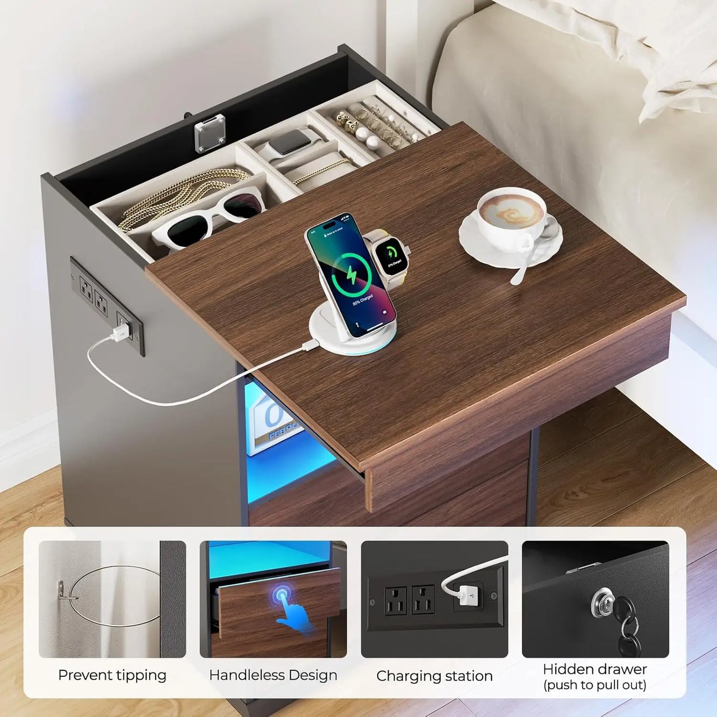 Two Nightstand Set With Hidden Compartments LED USB Type C