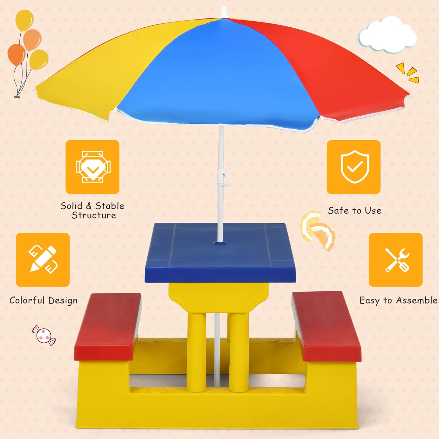 Homasis Kids Picnic Table Set With Removable Umbrella