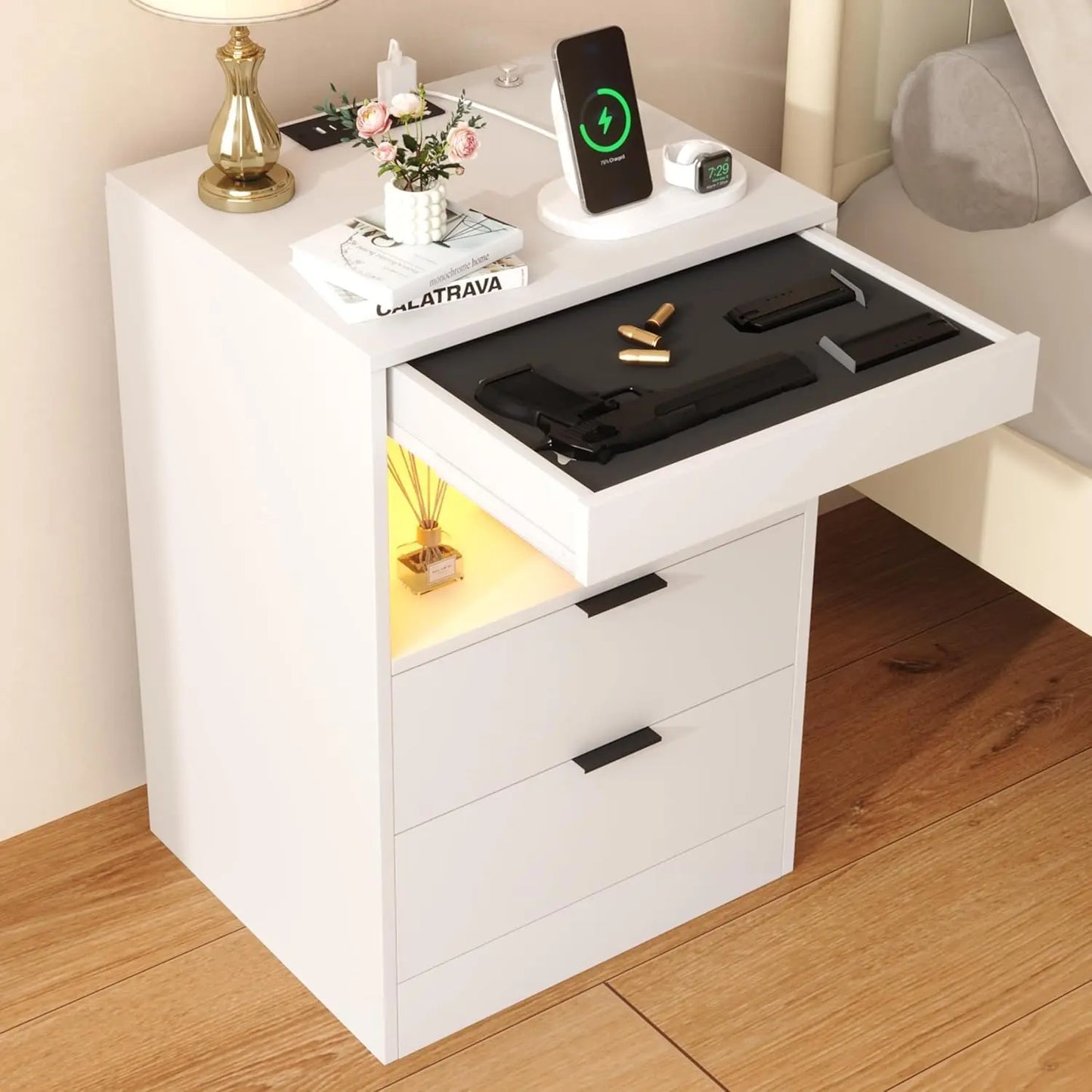 Night Stand Gun Drawer And Invisible Lock LED Charging Nightstand