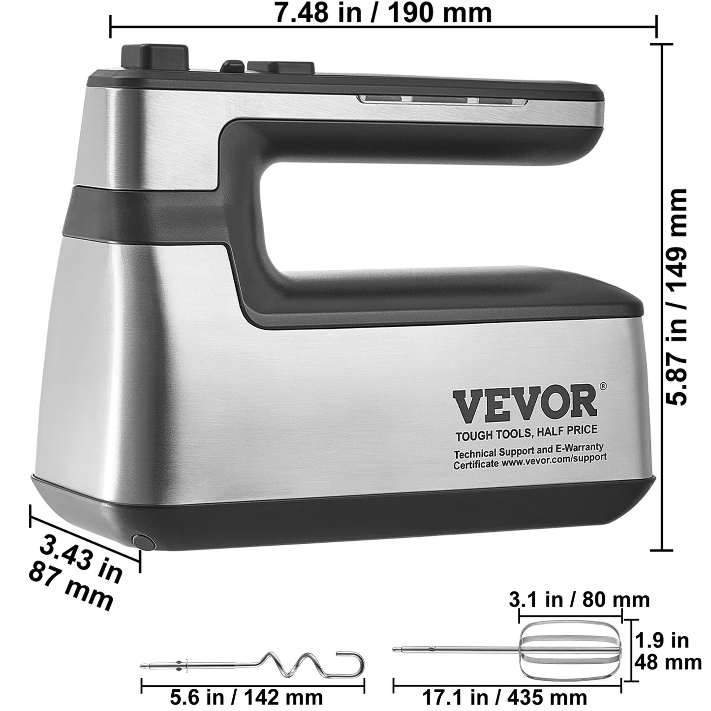 VEVOR Cordless Electric Hand Mixer Five Gear Speed 1100 RPM