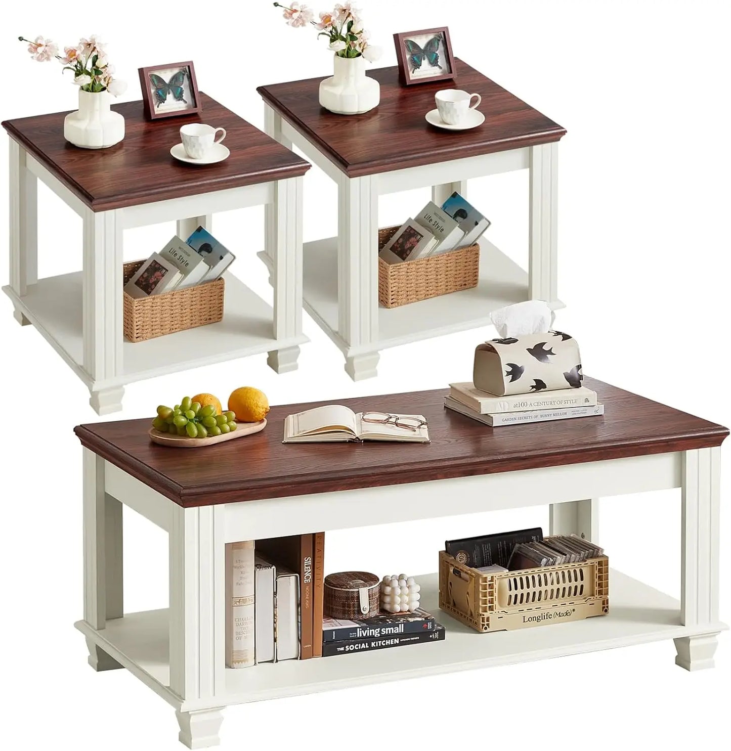 Farmhouse Coffee Table Set With Open Shelf And End Tables