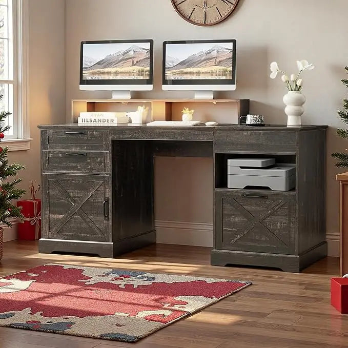 CHENGWEI Farmhouse Executive Desk With Lift Top And Charging Station