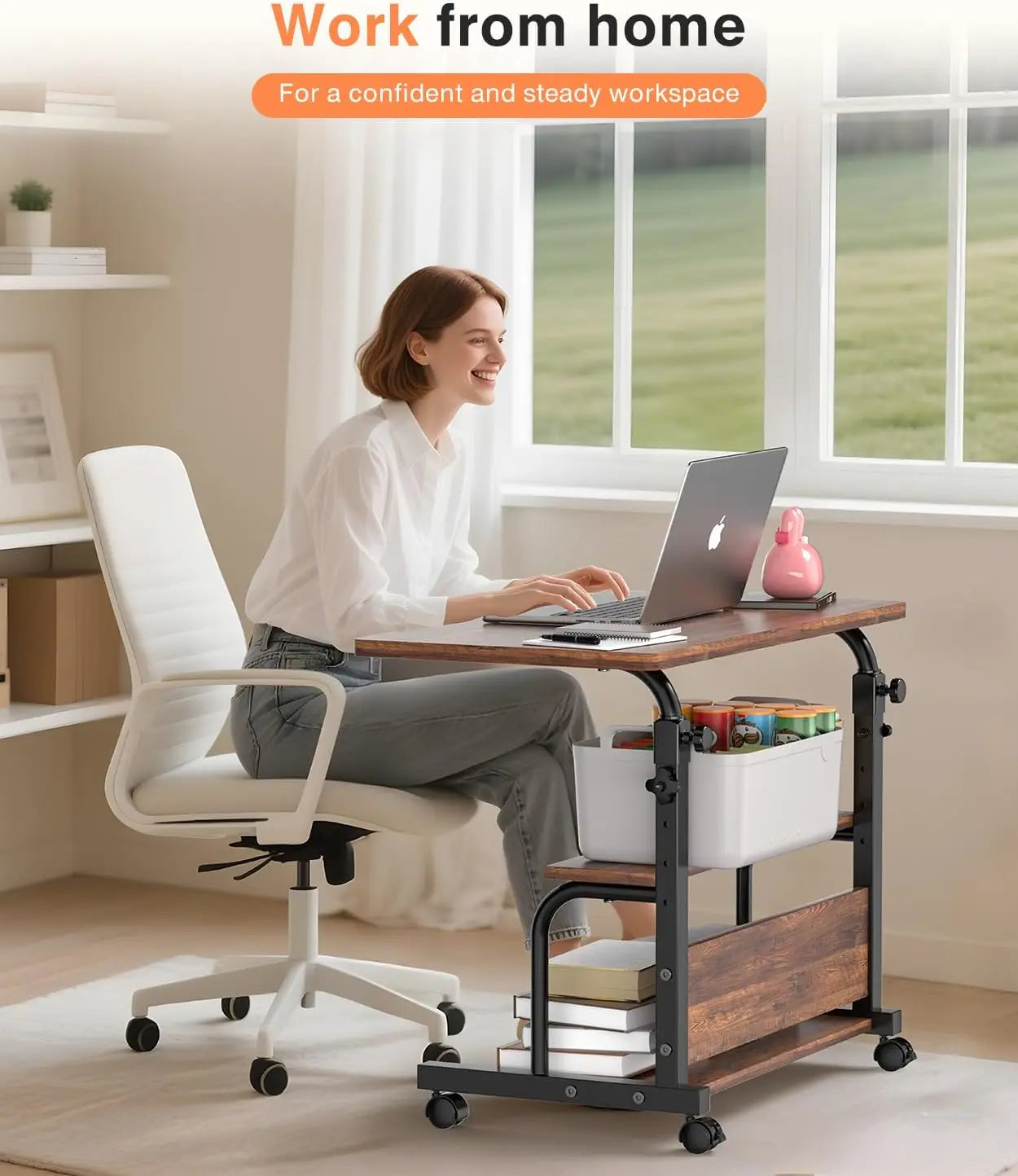 Adjustable Height Rolling Desk With Storage Shelves For Small Spaces