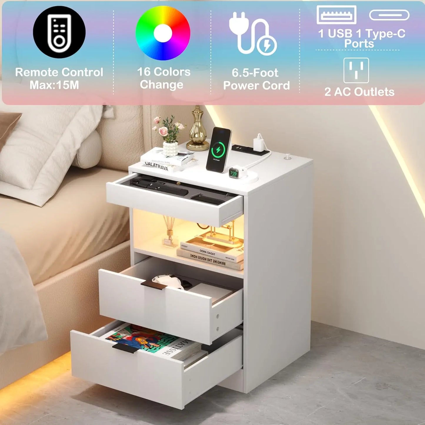 Night Stand Gun Drawer And Invisible Lock LED Charging Nightstand