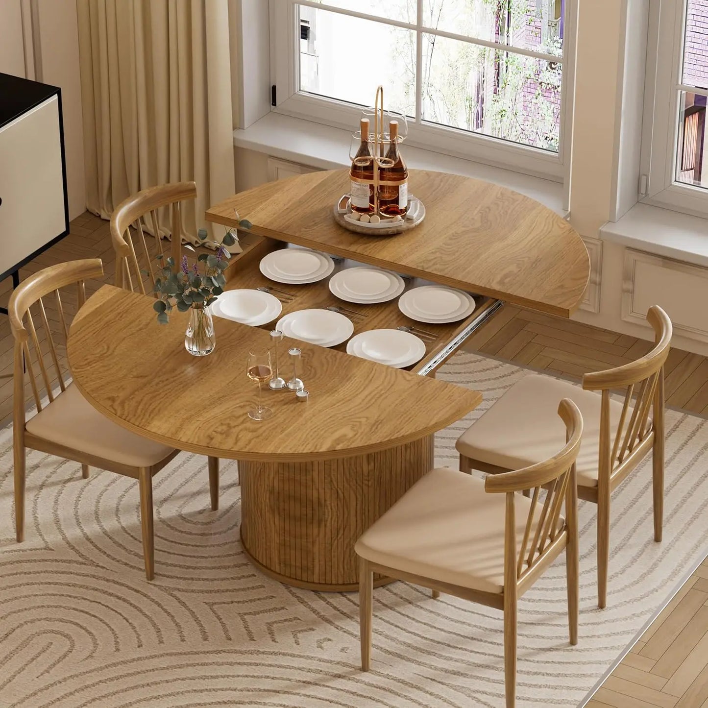 XMSJ Extendable Round Dining Table For 4 Modern Farmhouse