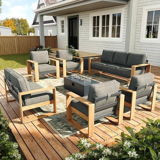 Outdoor Patio Seven Piece Modern Sectional Set With Fire Pit