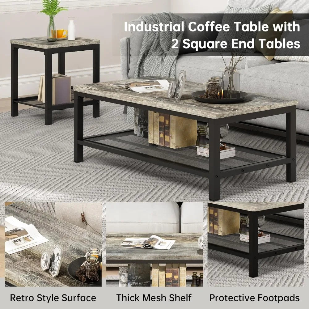 Industrial Coffee Table Set Of 3 With Metal Frame And End Side Tables