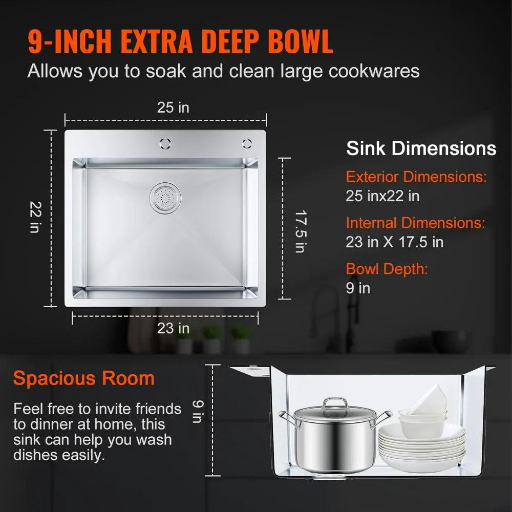 304 Stainless Steel Drop In Kitchen Sink Top Mount Bowl