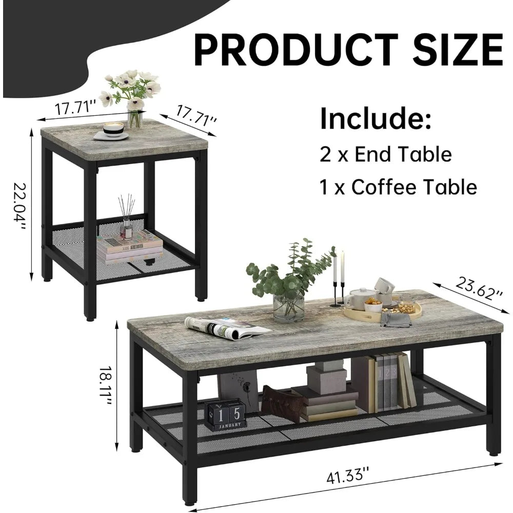 Industrial Coffee Table Set Of 3 With Metal Frame And End Side Tables
