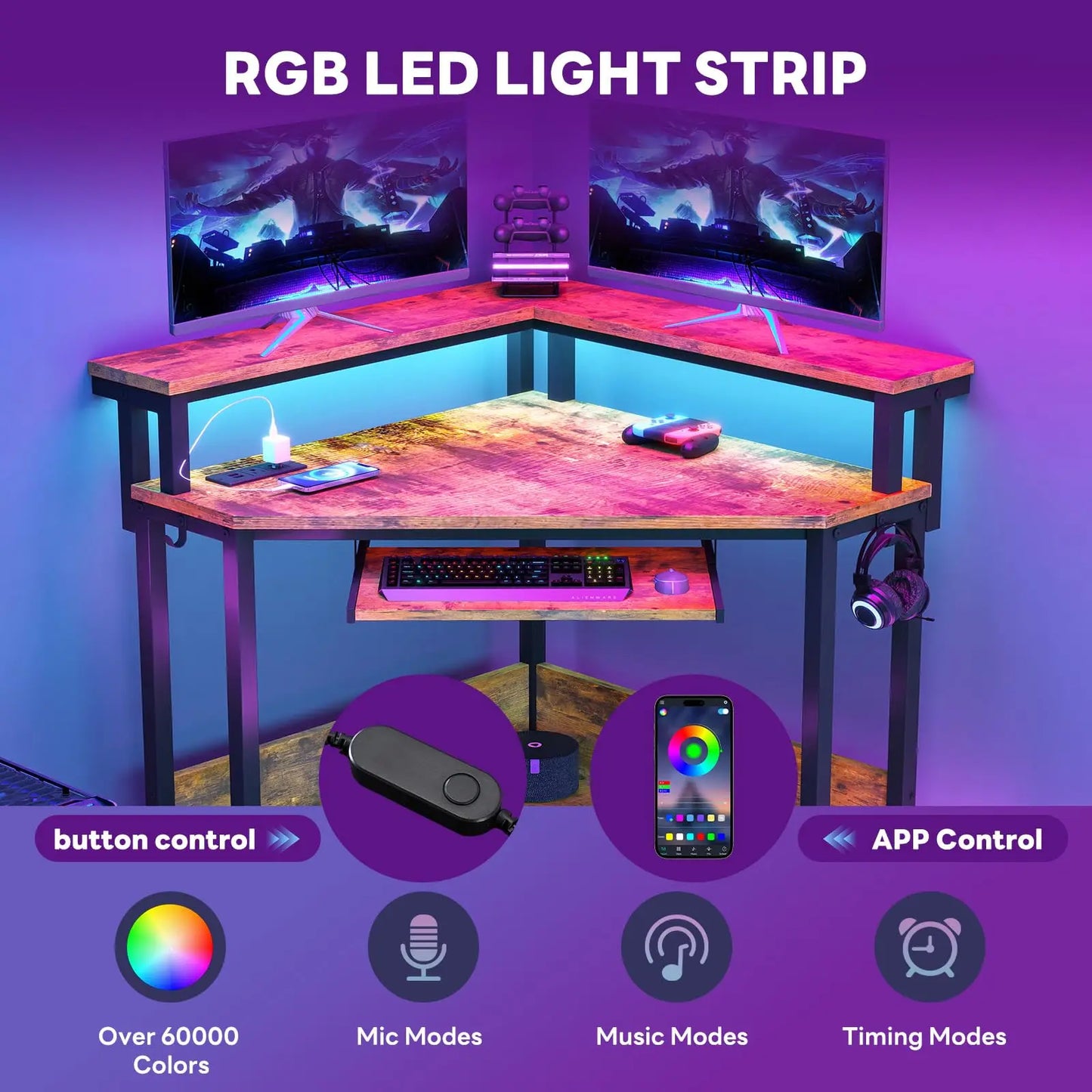 JHK L Shaped Corner Desk LED Lights And Storage Shelves