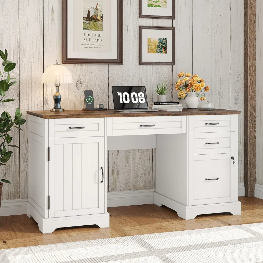 XIAOLANG Farmhouse Executive Desk With File Cabinet And USB Charging