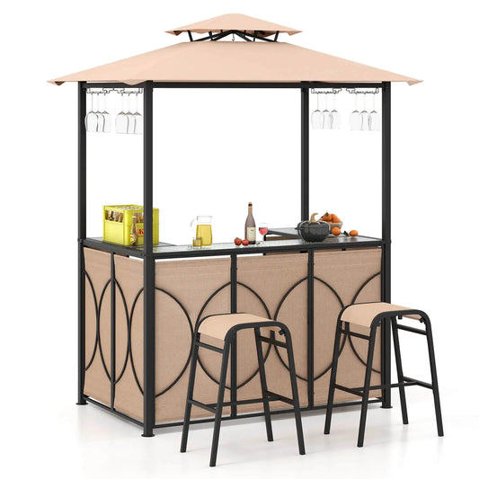 3 PCS Patio Bar Set with Tempered Glass Bar Table Metal Storage Shelves for Garden Brown