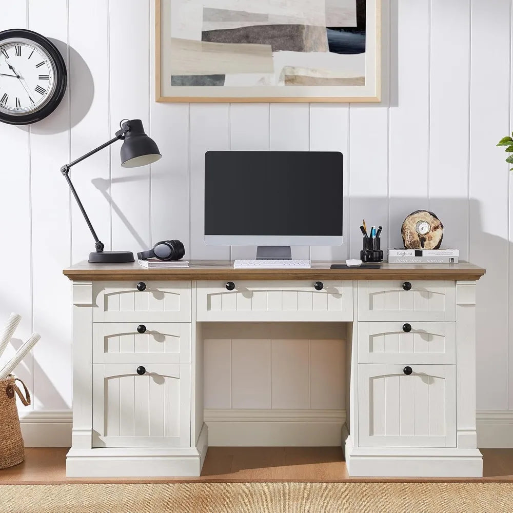 Executive Farmhouse Desk With Charging Station And Keyboard Tray