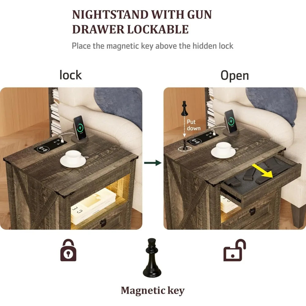 LED Nightstand With Gun Drawer And Invisible Lock Bedside Table