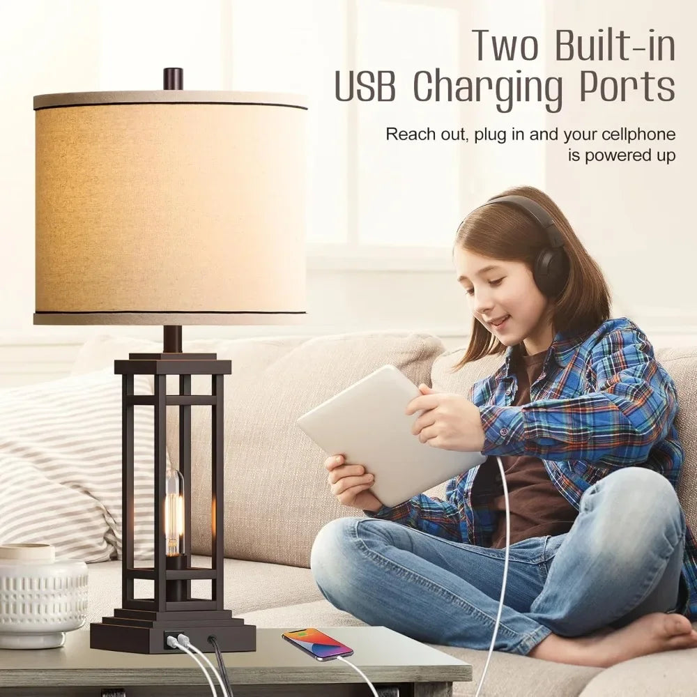 RottoGoon Farmhouse Table Lamps With USB C USB A Ports