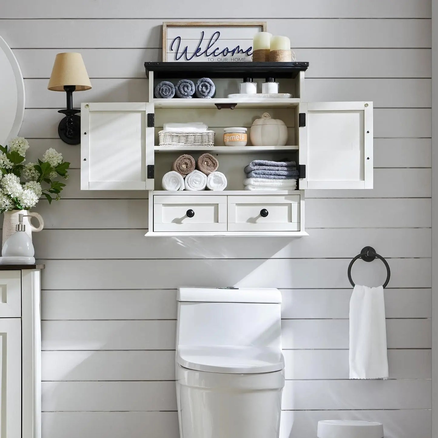 ZHUOTING Farmhouse Bathroom Wall Cabinet With Drawer Double Barn Doors