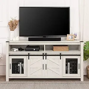 DAFIFY Farmhouse TV Stand With Sliding Barn Doors And Mesh