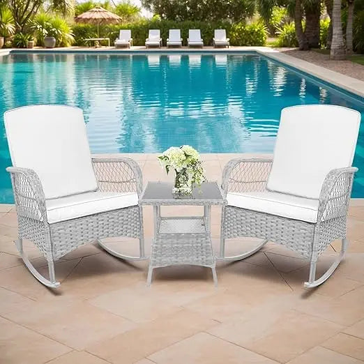 Leveleve Outdoor Rocking Bistro Set 3-Piece With Glass Table