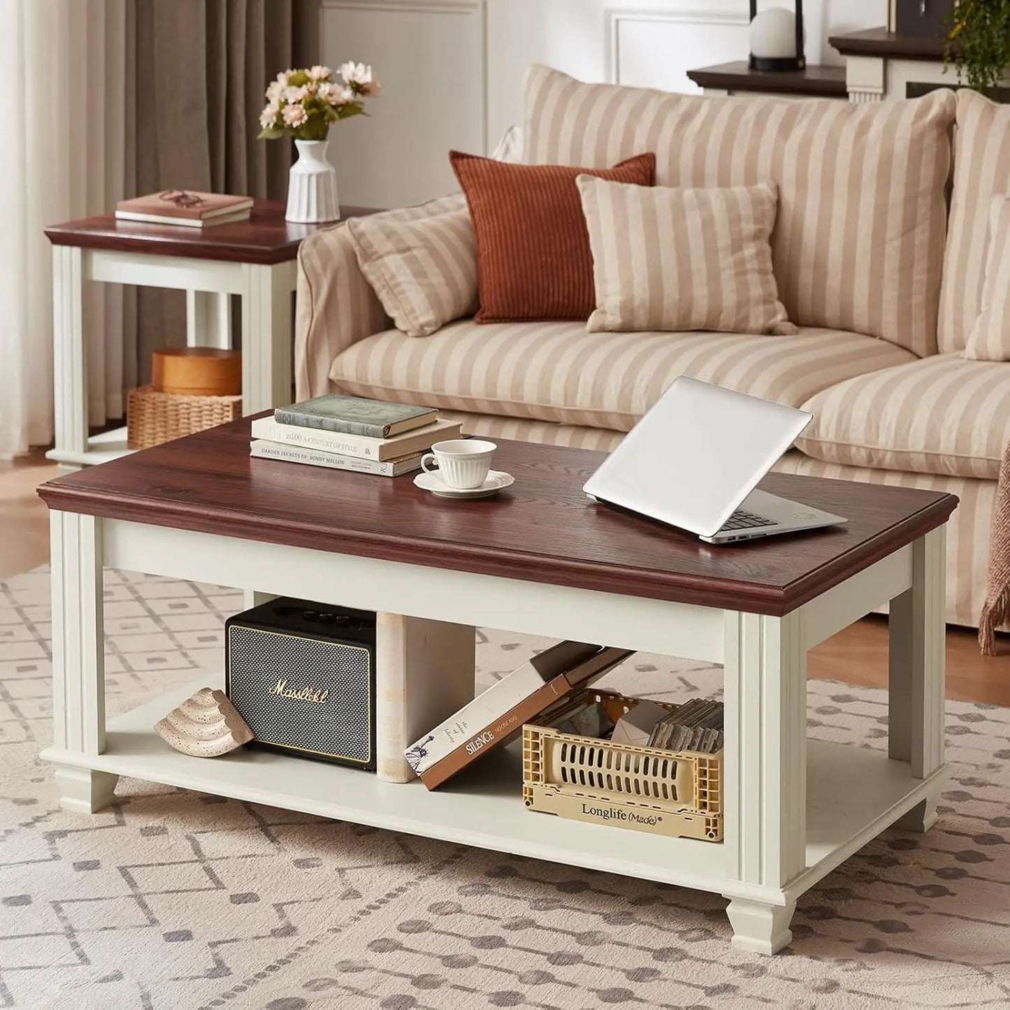 HUANZHUANG Farmhouse Coffee Table For Living Room With Open Storage