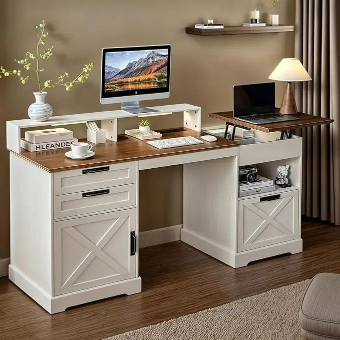 CHENGWEI Farmhouse Executive Desk With Lift Top And Charging Station