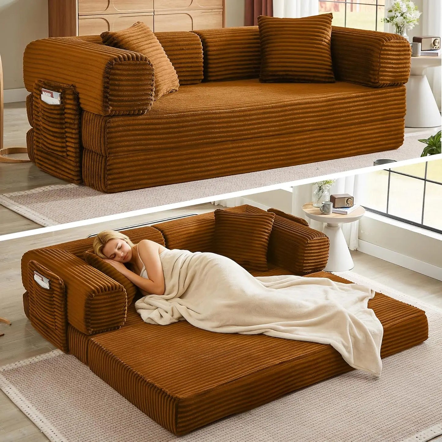 Folding Futon Sofa Bed Couch With Sleeper Corduroy Upholstered