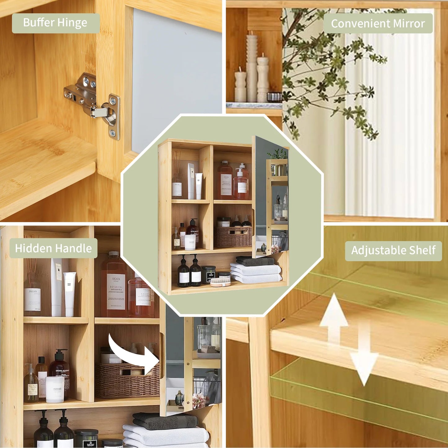 Wisfor Premium Environmentally BambooCrafted Wall Mounted Medicine Cabinet With Mirror