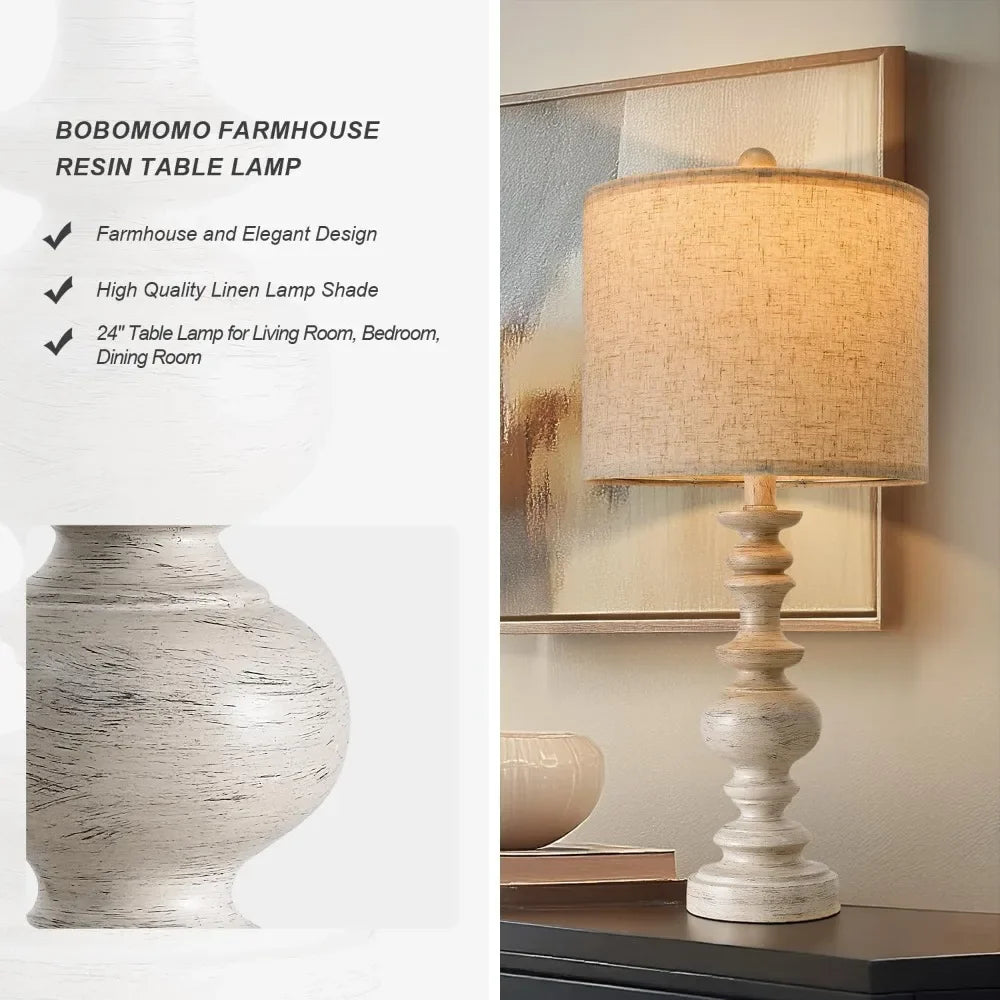 Bobomomo Farmhouse Resin Table Lamp Set Of 2 Linen Shade