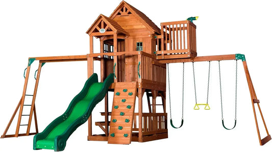 Angie's Home Store Cedar Wood Swing Set With Wave Slide And Clubhouse