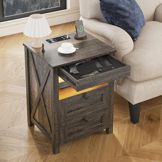 LED Nightstand With Gun Drawer And Invisible Lock Bedside Table