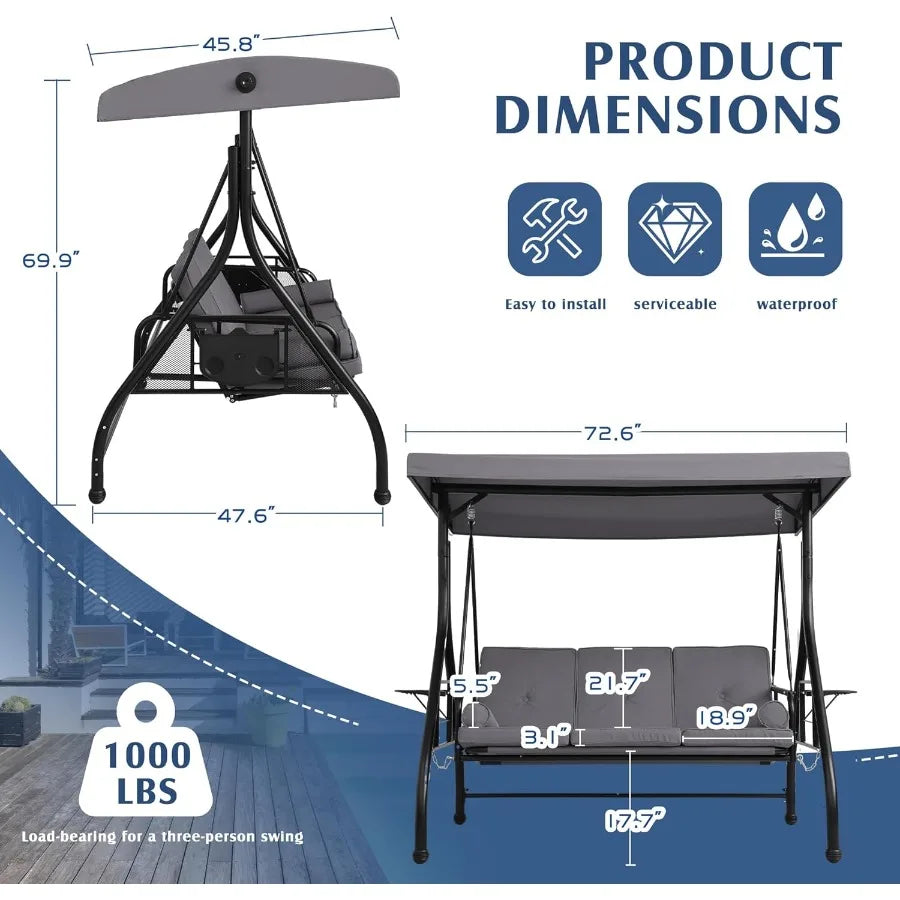 Three Person Outdoor Porch Swing With Canopy And Cup Holder