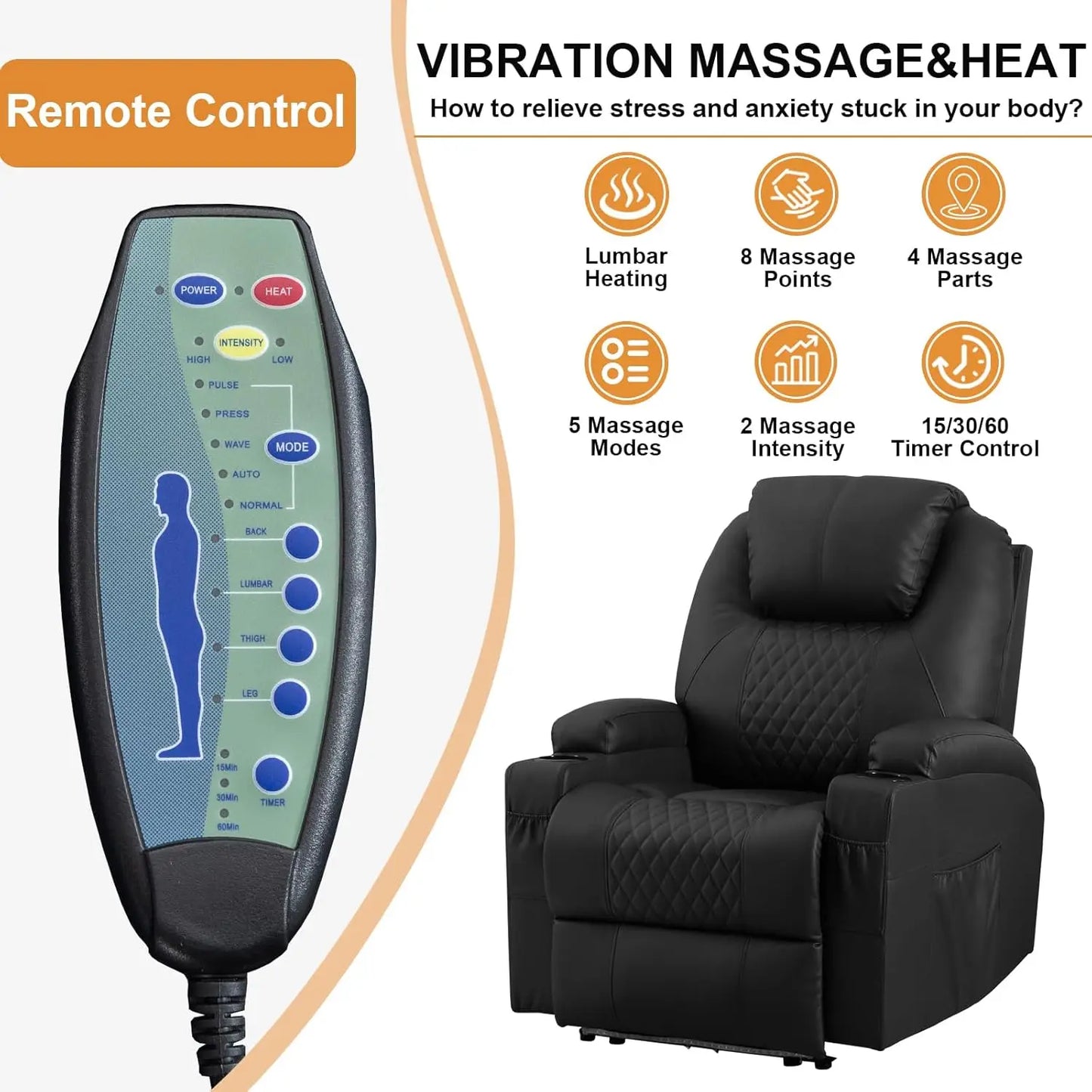 Power Recliner Chair With Massage And Heat Faux Leather Seating